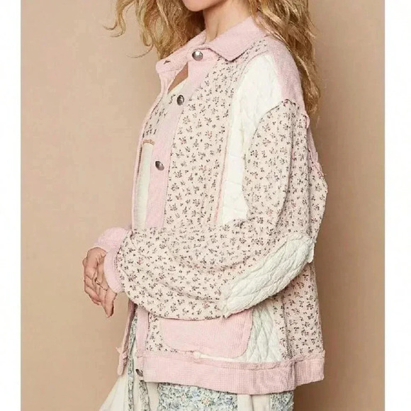 Pink Multi Casual Women's Floral Exposed Seam Button Up Quilted Jacket - Picture 5 of 5